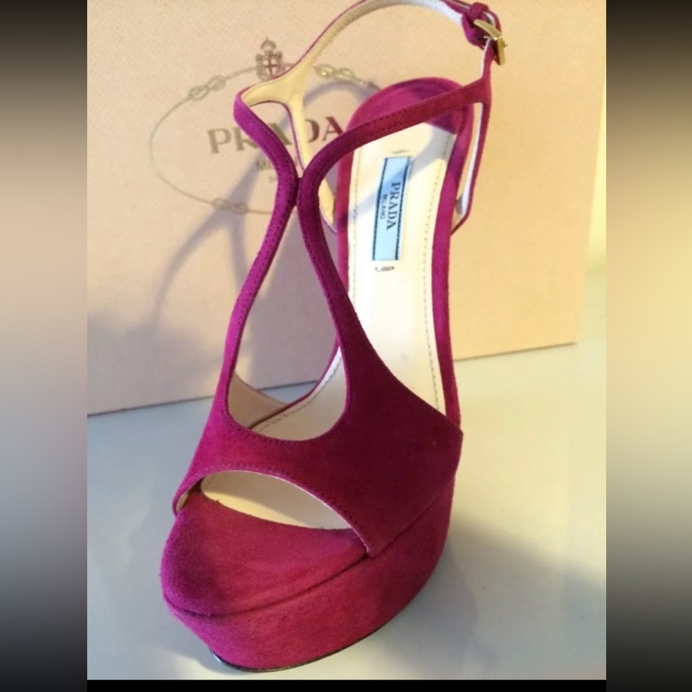 NWB PRADA Magenta, Suede, Open-Toe, Platform, Wedge Sandals